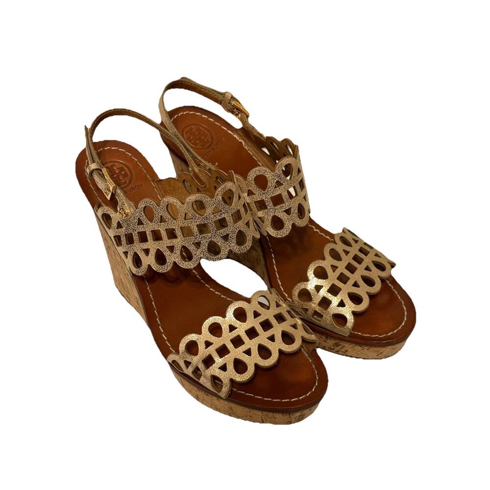 Tory Burch Nori Metallic Gold Leather High 5" Wedge Sandals Lasercut Size 10 M